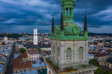  Aerial view on Dormition Church in Lviv, Ukraine from drone