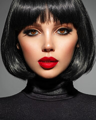 Beautiful brunette girl with red lips and black bob hairstyle. Pretty young woman with black hair....