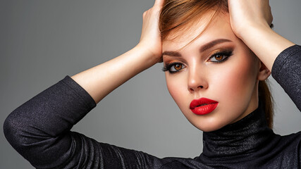 Beautiful girl with red lips and short hair. Pretty face of an young sensual woman. Closeup portrait of a model with bright makeup on a face. Attractive female posing at studio  in black closes. - obrazy, fototapety, plakaty