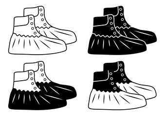 Polyethylene covering for shoes. Antibacterial plastic shoe covers. Protective medical covers. Military boots in outline and glyph style. Vector isolated
