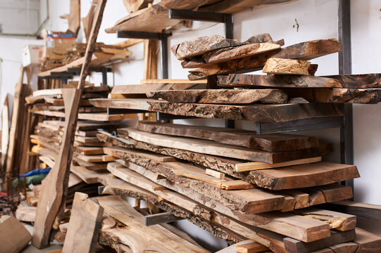 Oak woods turning blank in workshop, nobody.