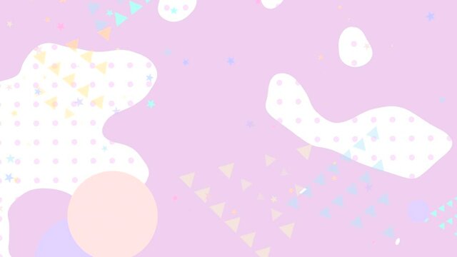 Looped 2d flat design motion graphics of abstract geometric pattern background. Pastel dots flowing shapes, stars, gradient circles, and colorful triangles.