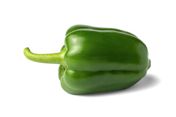 A whole fresh green bell pepper isolated on white background. Closeup and macro.