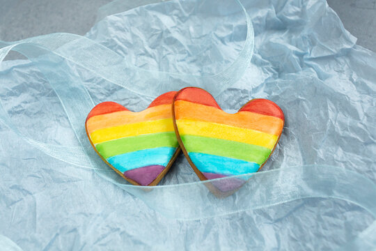 Valentine's cookies painted with LGBT rainbow flag.