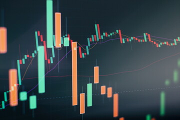 Technical price graph and indicator, red and green candlestick chart on blue theme screen, market...