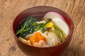 典型的なお雑煮 Ricecake boiled with vegetables(zouni) 
