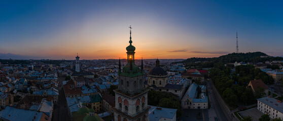 Aerial view on Dominican Church and Dormition Church in Lviv, Ukraine from drone