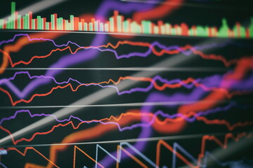 Technical price graph and indicator, red and green candlestick chart on blue theme screen, market...