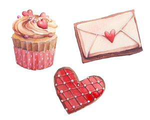 Valentine's Day sweets set. Watercolor cookie set isolated on white background.