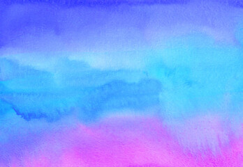 Watercolor blue, turquoise and pink background texture. Soft backdrop, hand painted. Stains on paper.