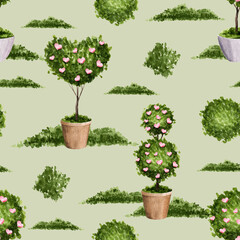 A seamless pattern with green plants and pink hearts in a pot on a green background. Watercolor texture for the design of gifts, clothes, fabrics, utensils, books, wrappers, etc.