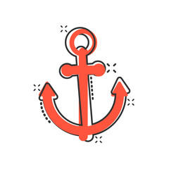 Boat anchor icon in comic style. Vessel hook cartoon vector illustration on white isolated background. Ship equipment splash effect business concept.
