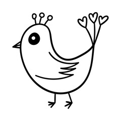 Cute bird with feathers in the shape of a heart. Decorative design element for Valentine's Day. Simple outline illustration drawn by hand and isolated on a white background. Black white vector.