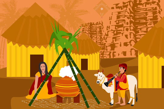 illustration of Happy makar sankranti Holiday Harvest Festival background with temples, trees, cartoon houses, village girl drawing rangoli, pongal pot, sugar canes, village boy with ox and trumpet. 
