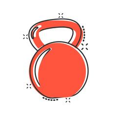 Kettlebell icon in comic style. Barbell sport equipment cartoon vector illustration on white isolated background. Dumbbell splash effect business concept.