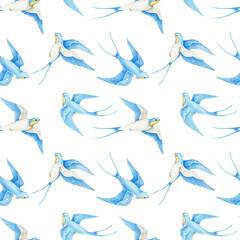 Obraz premium Watercolor seamless pattern swallow background. Flying bird cartoon.