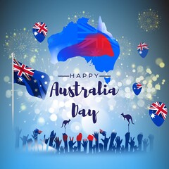 Obraz na płótnie Canvas Vector illustration of Happy Australia day poster, Australia flag, kangaroo, banner template for websites, greeting.