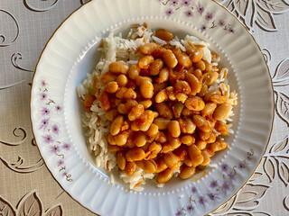 Turkish Kuru Fasulye food with Traditional Turkish table and plate.