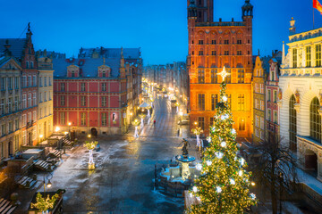 Christmas decorations in the old town of Gdansk at dusk, Poland