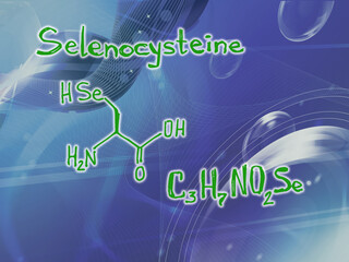 Chemical molecular formula of the amino acid Selenocysteine A . Infographics. Abstract bright glitter blue background.