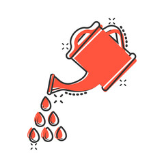 Water can icon in comic style. Irrigation garden cartoon vector illustration on white isolated background. Watering splash effect business concept.