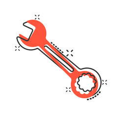 Naklejka premium Wrench icon in comic style. Spanner key cartoon vector illustration on white isolated background. Repair equipment splash effect business concept.