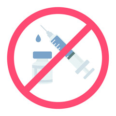 Flat Design Style No vaccine icon  coronavirus syringe No drugs allowed. Syringe with forbidden sign. injection prohibition red circle. Covid-19 no vaccine sign vector illustration on background EPS10