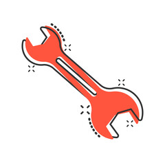 Wrench icon in comic style. Spanner key cartoon vector illustration on white isolated background. Repair equipment splash effect business concept.