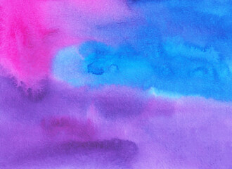 Watercolor blue, purple and pink background texture. Soft backdrop, hand painted. Stains on paper.
