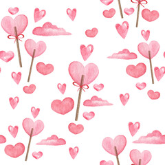 Fototapeta na wymiar A cute pattern with a pink lollipop in the form of a heart on a light background. Delicate watercolor pattern for wrappers, gifts, notebooks, fabrics, etc.