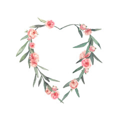 Valentines Day card. Watercolor floral heart with pink flowers isolated on white background.