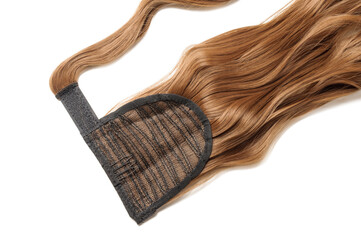 close up of wrap round clip in wavy honey brown synthetic ponytail hair extension