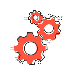 Gear vector icon in comic style. Cog wheel cartoon illustration on white isolated background. Gearwheel cogwheel splash effect business concept.