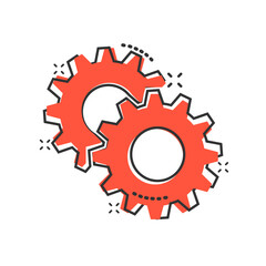 Gear vector icon in comic style. Cog wheel cartoon illustration on white isolated background. Gearwheel cogwheel splash effect business concept.