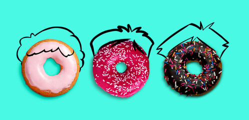 donuts on blue background with different hair styles doodles