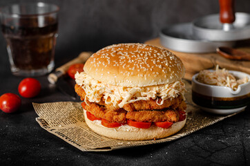 Homemade burger with chicken schnitzel