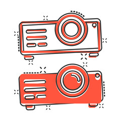 Video projector sign icon in comic style. Cinema presentation device cartoon vector illustration on white isolated background. Conference splash effect business concept.