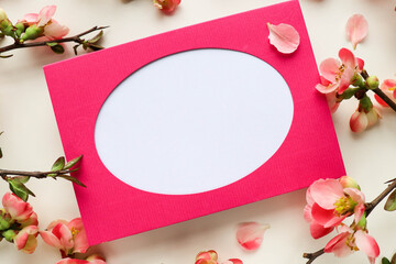 mockup greeting card. spring composition. blooming branch of azalea and envelope for text. congratulation. invitation