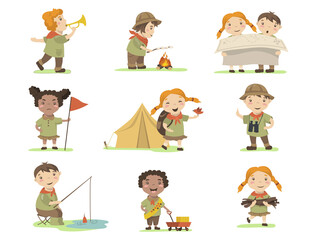 Happy children in scout costumes flat set for web design