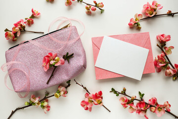 mockup greeting card. spring composition. blooming branch of azalea and envelope for text. congratulation. invitation