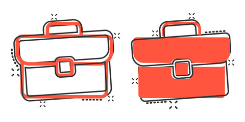 Briefcase icon in comic style. Businessman bag cartoon vector illustration on white isolated background. Portfolio splash effect business concept.