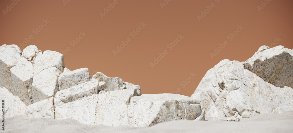 Poster minimal mockup background for product presentation. white stone podium on sand beach. 3d rendering i