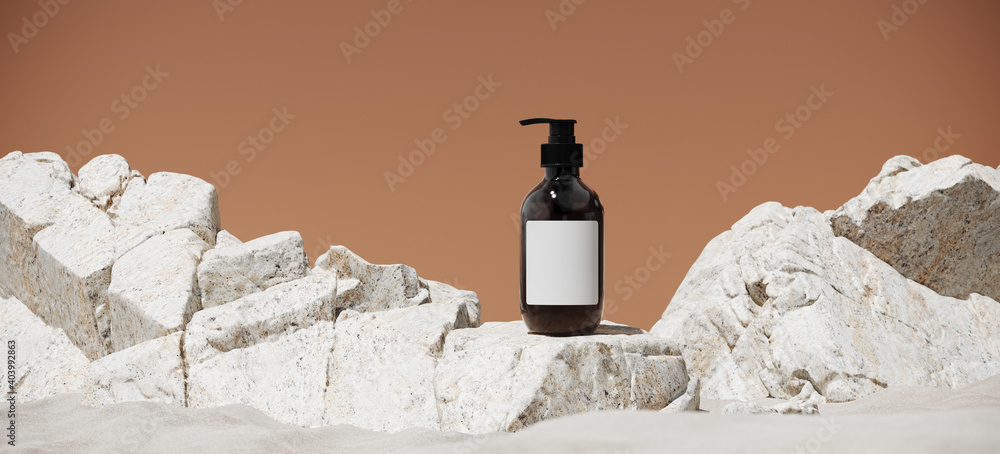 Poster minimal mockup background for product presentation. cosmetic bottle and beige stone on sand beach. 3