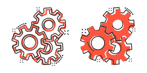 Gear vector icon in comic style. Cog wheel cartoon illustration on white isolated background. Gearwheel cogwheel splash effect business concept.