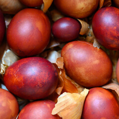 easter eggs painted onion husks. coloring the eggs according to the old natural eco-friendly method with peeled onions. square
