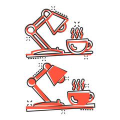 Lamp with coffee cup icon in comic style. Lightbulb cartoon vector illustration on white isolated background. Electricity splash effect business concept.