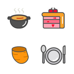 Soup, cake, potato, and plate, with a detailed illustration vector