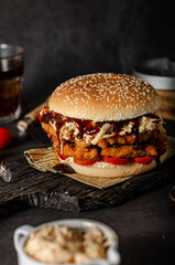 Homemade burger with chicken schnitzel