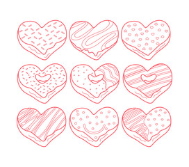 Big Set of Vector illustration of Heart Shaped Donuts collection with toppings in line art design style. sweet and delicious food doodle art. shape of love.