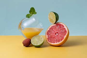 Balancing glass of juice, grapefruit, lime, lychee. Trendy